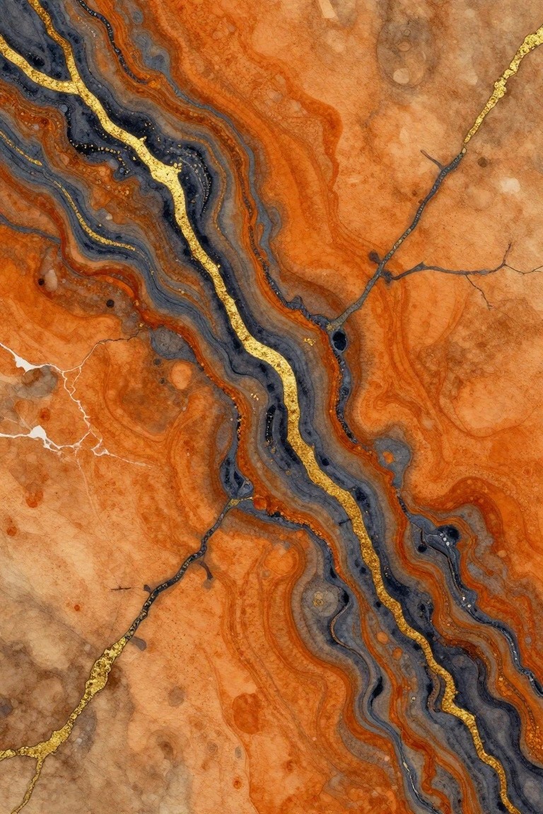 Swirling orange and blue marble with flowing gold metallic veins