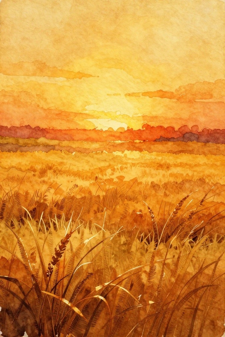 Watercolor of golden wheat field under vibrant orange sunset sky with distant hills