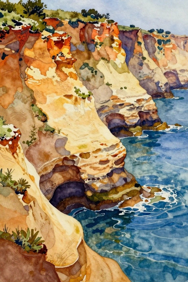 Vibrant watercolor cliffs with colorful layers beside deep blue ocean waves