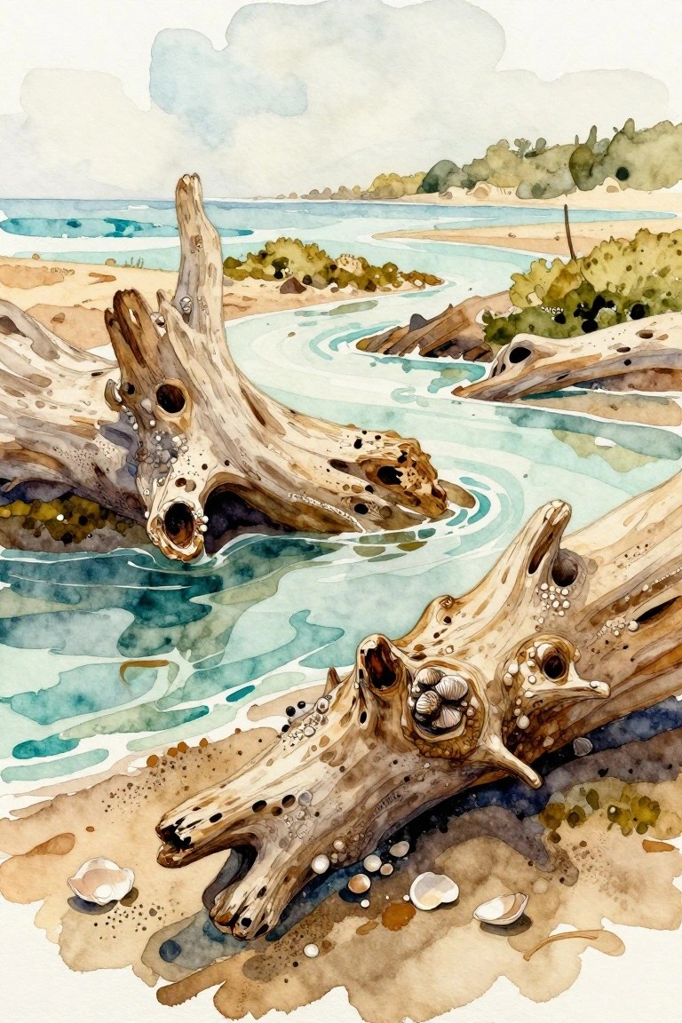 Watercolor painting of several pieces of driftwood on wet sand with shallow water flowing around them and a few shells visible nearby.