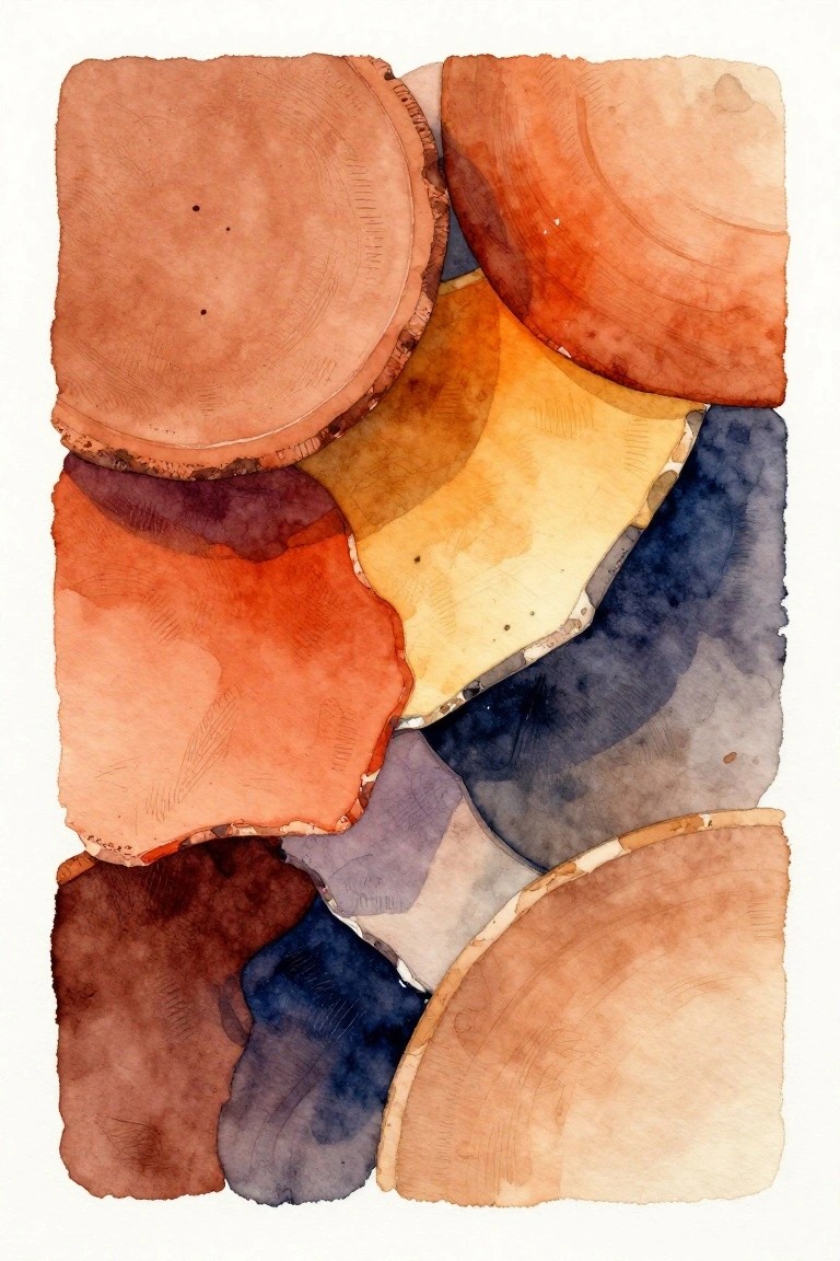 Abstract watercolor of overlapping irregular shapes in earthy browns, oranges, yellows, and blues.