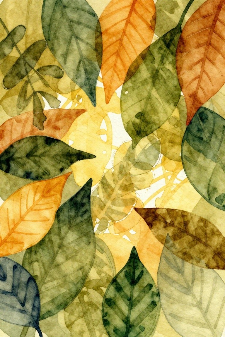 Overlapping translucent watercolor leaves in green, orange, and yellow tones