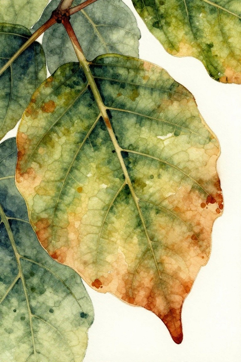 Watercolor leaves in green, yellow, and brown with prominent veins and spots
