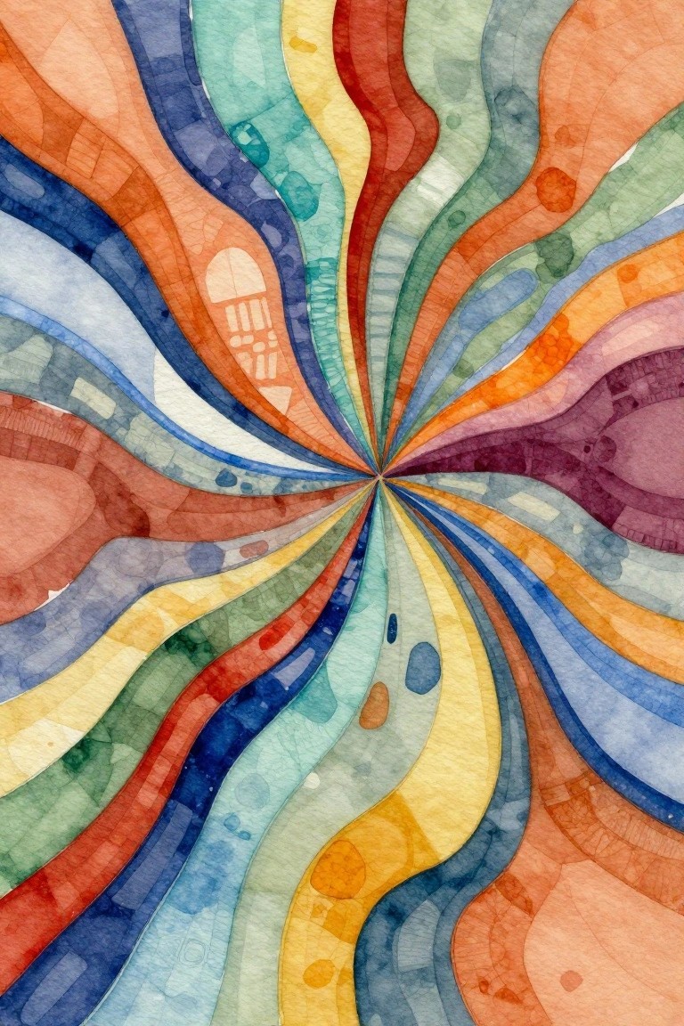 Vibrant watercolor abstract with colorful swirling rays radiating from center