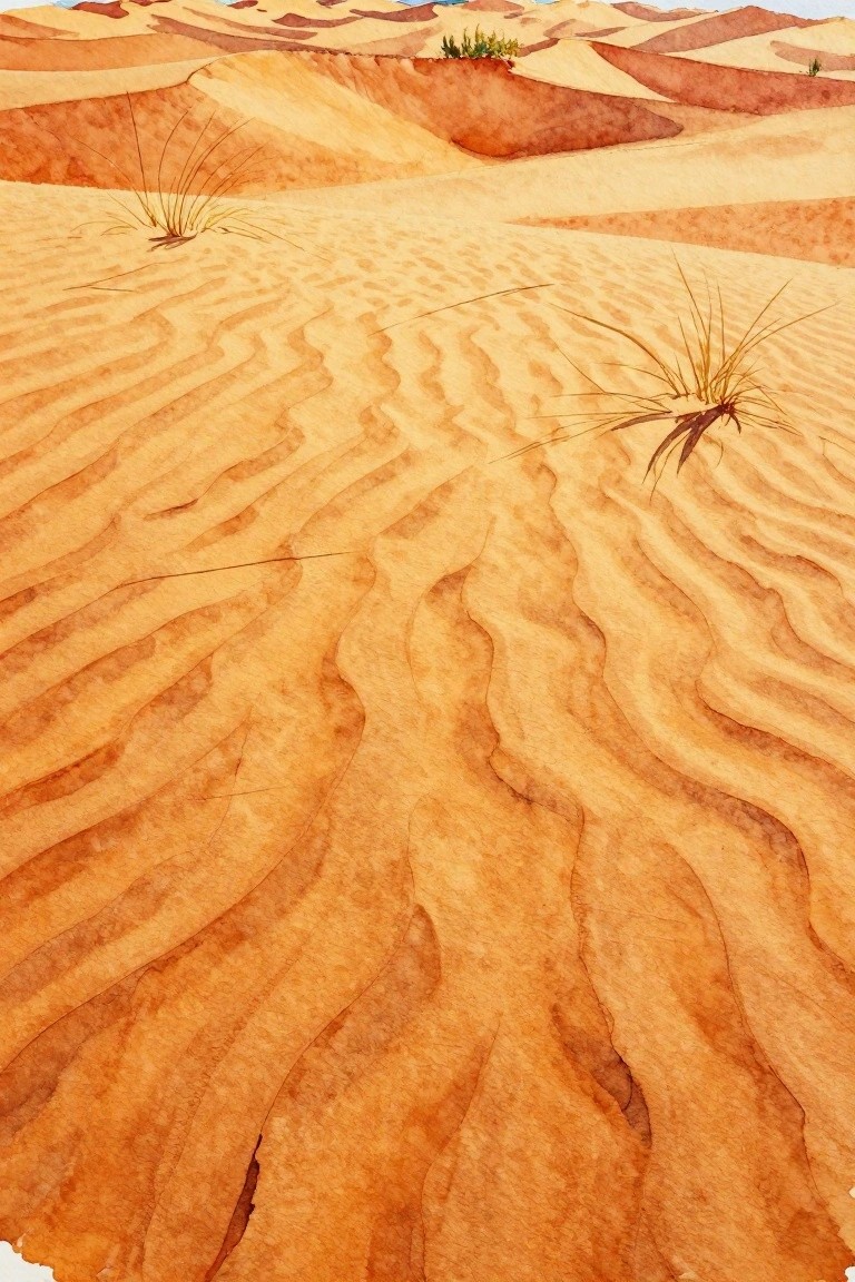Watercolor of rippled orange sand dunes with sparse dry grass tufts