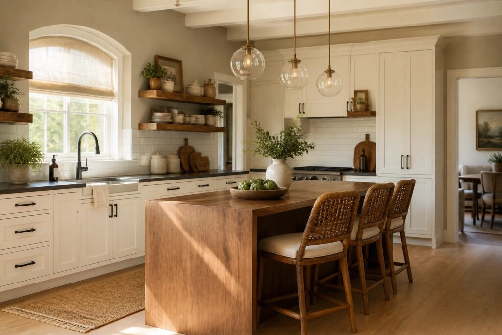 20 Fresh Neutral Kitchen Paint Colors That Pair Well With White Cabinets and Wood Tones Kitchen walls painted in a soft warm greige next to white cabinets and a wood island.