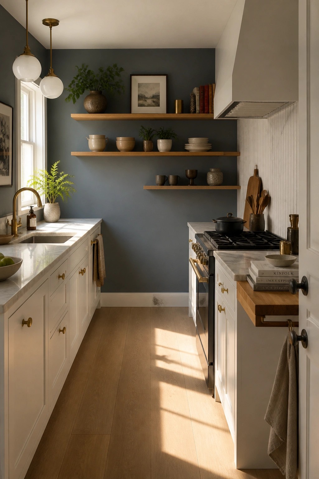 A kitchen with muted blue gray walls, white cabinets, and wood flooring.