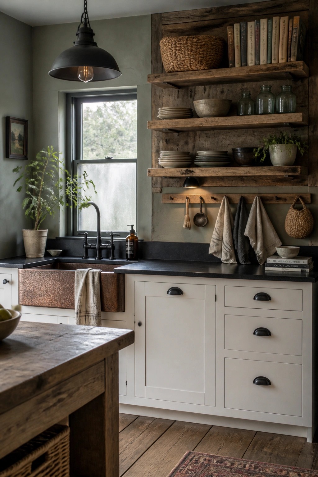 Rustic kitchen with wooden shelves, copper sink, white cabinets, and black counters.