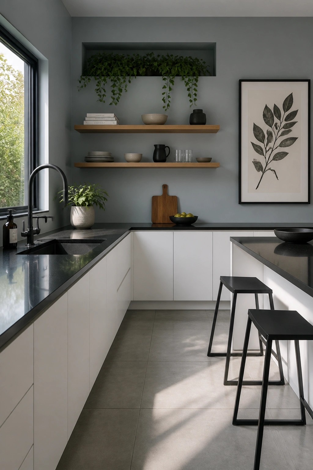Kitchen walls painted in a soft blue gray with white cabinets and wood floating shelves.