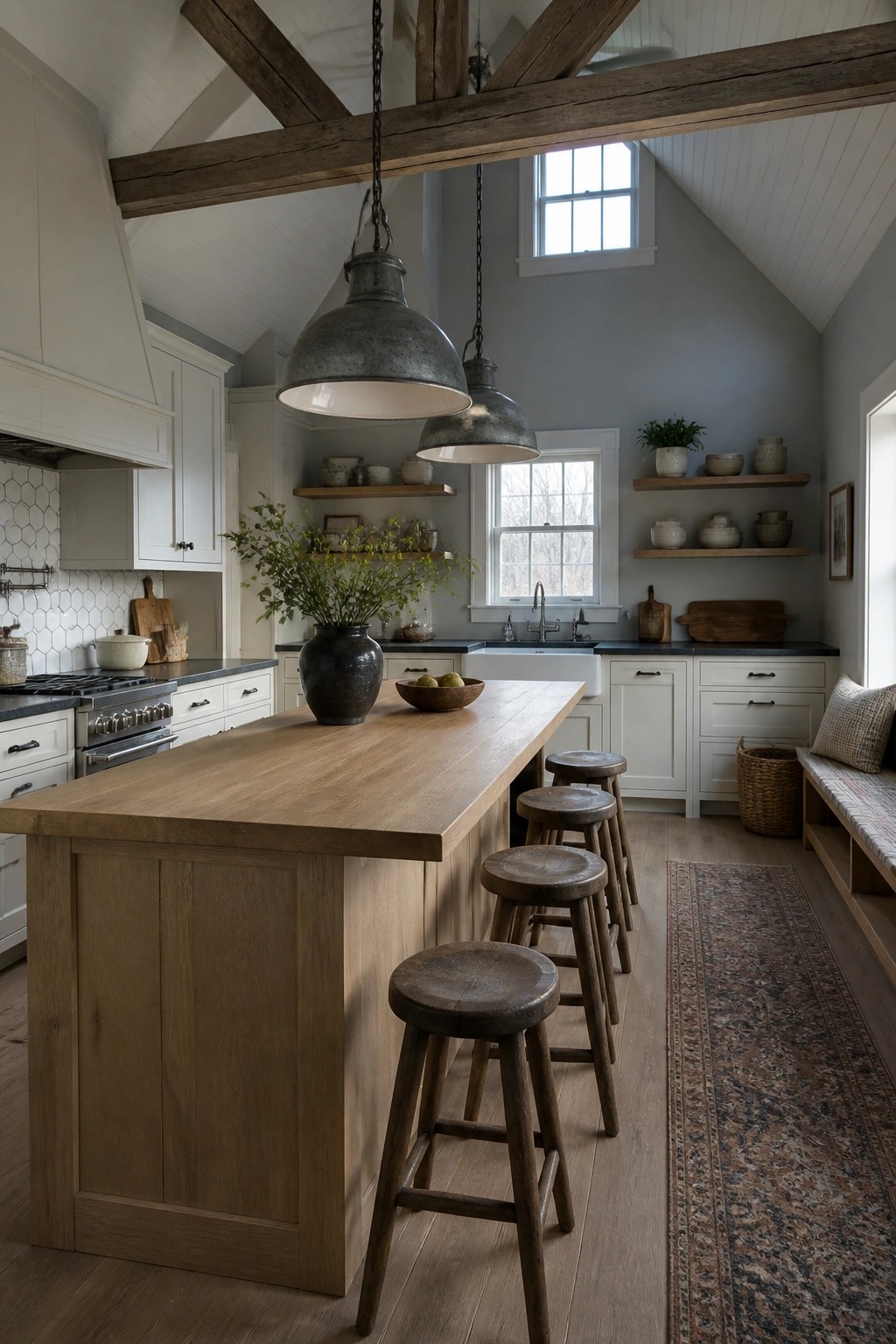 Rustic kitchen with wooden island, stools, pendant lights, and white cabinets.