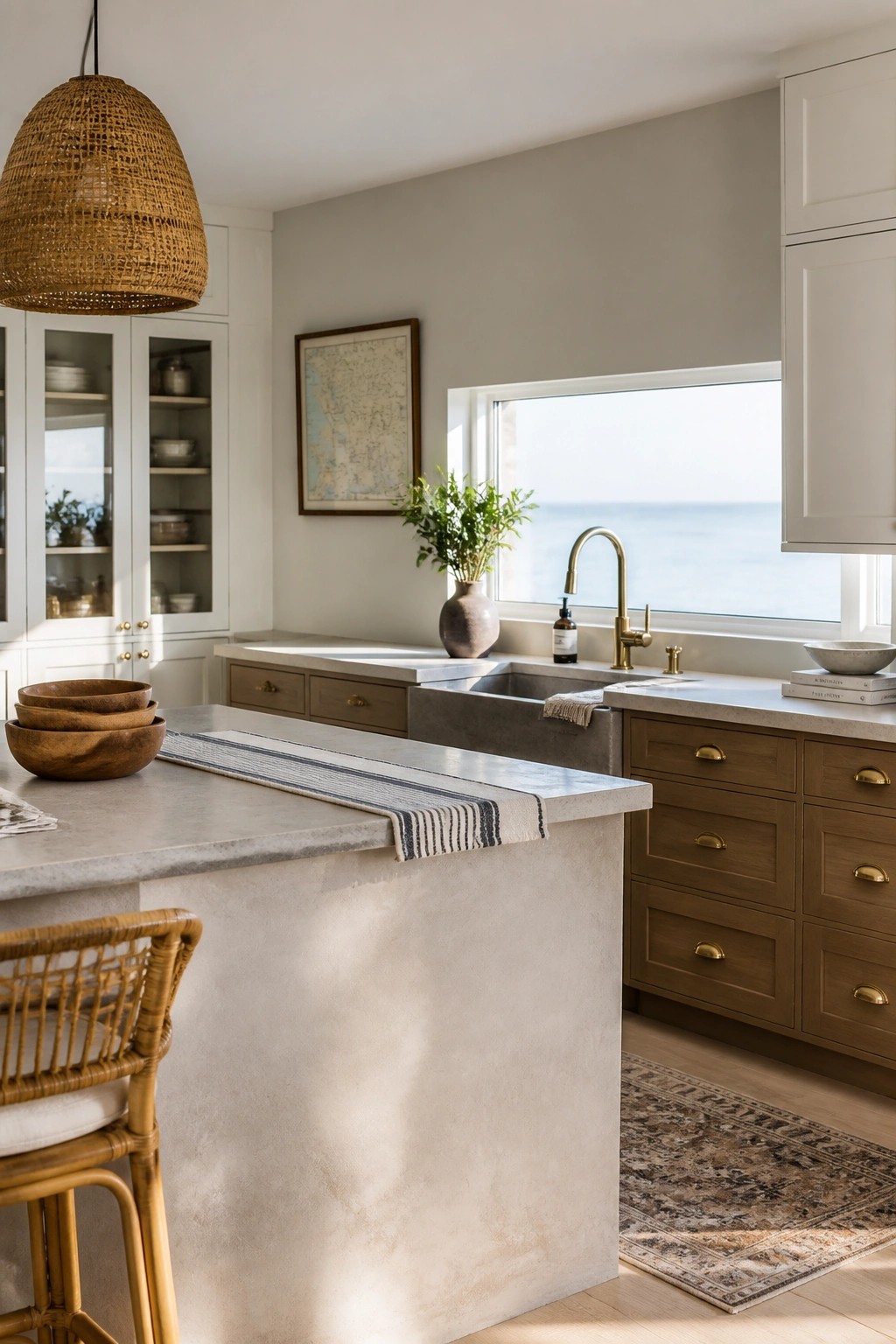 A kitchen with soft greige walls, white cabinets, and wood tones around a concrete island.