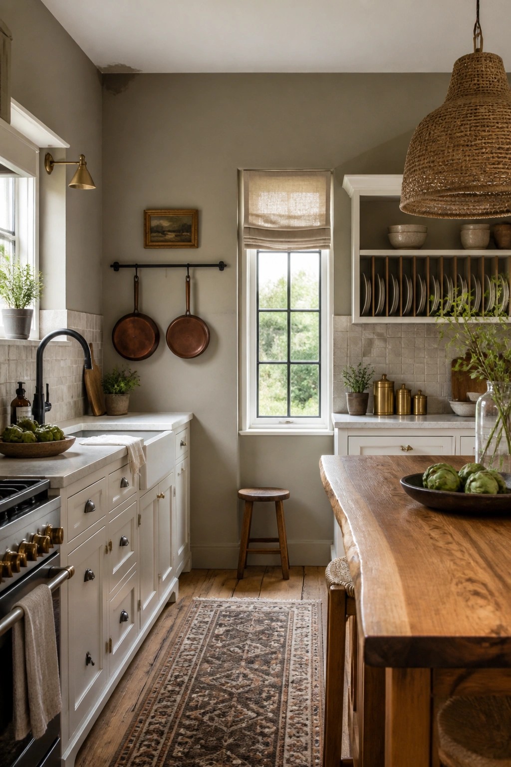 Kitchen walls painted in a soft greige with white cabinets and wood tones.