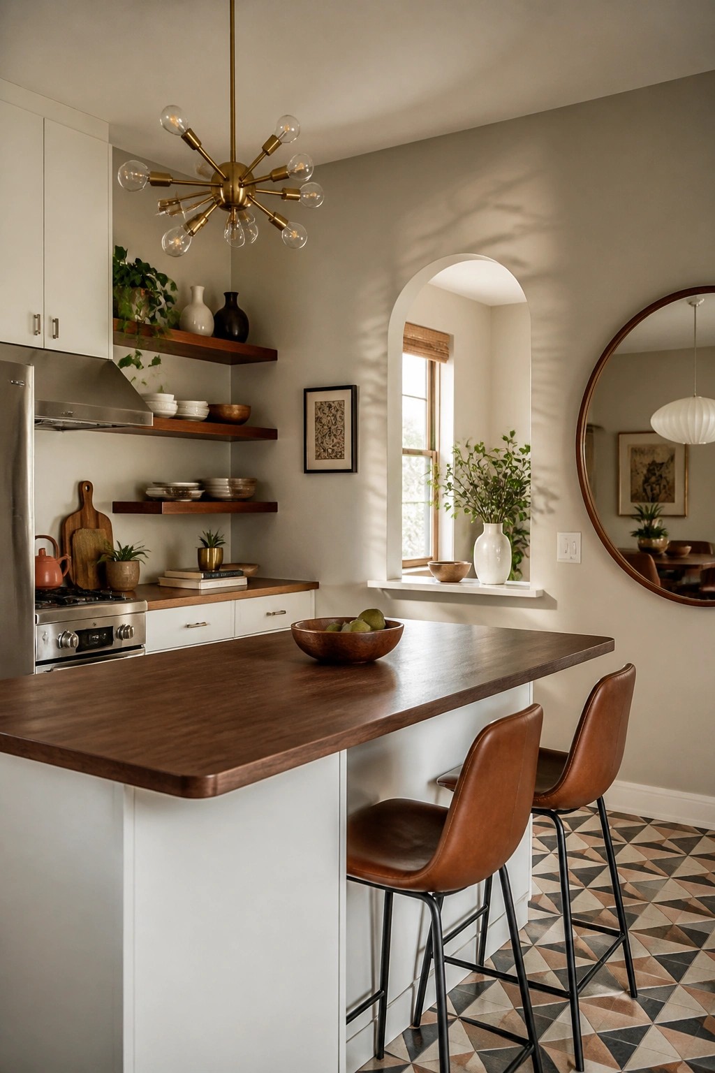 A kitchen with soft greige walls next to white cabinets and wood countertops.