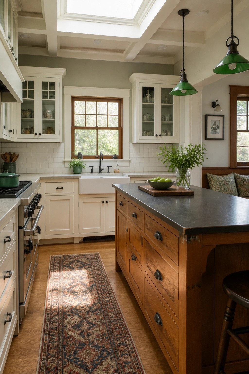 Kitchen with soft sage gray walls, white cabinets, and a wood island.