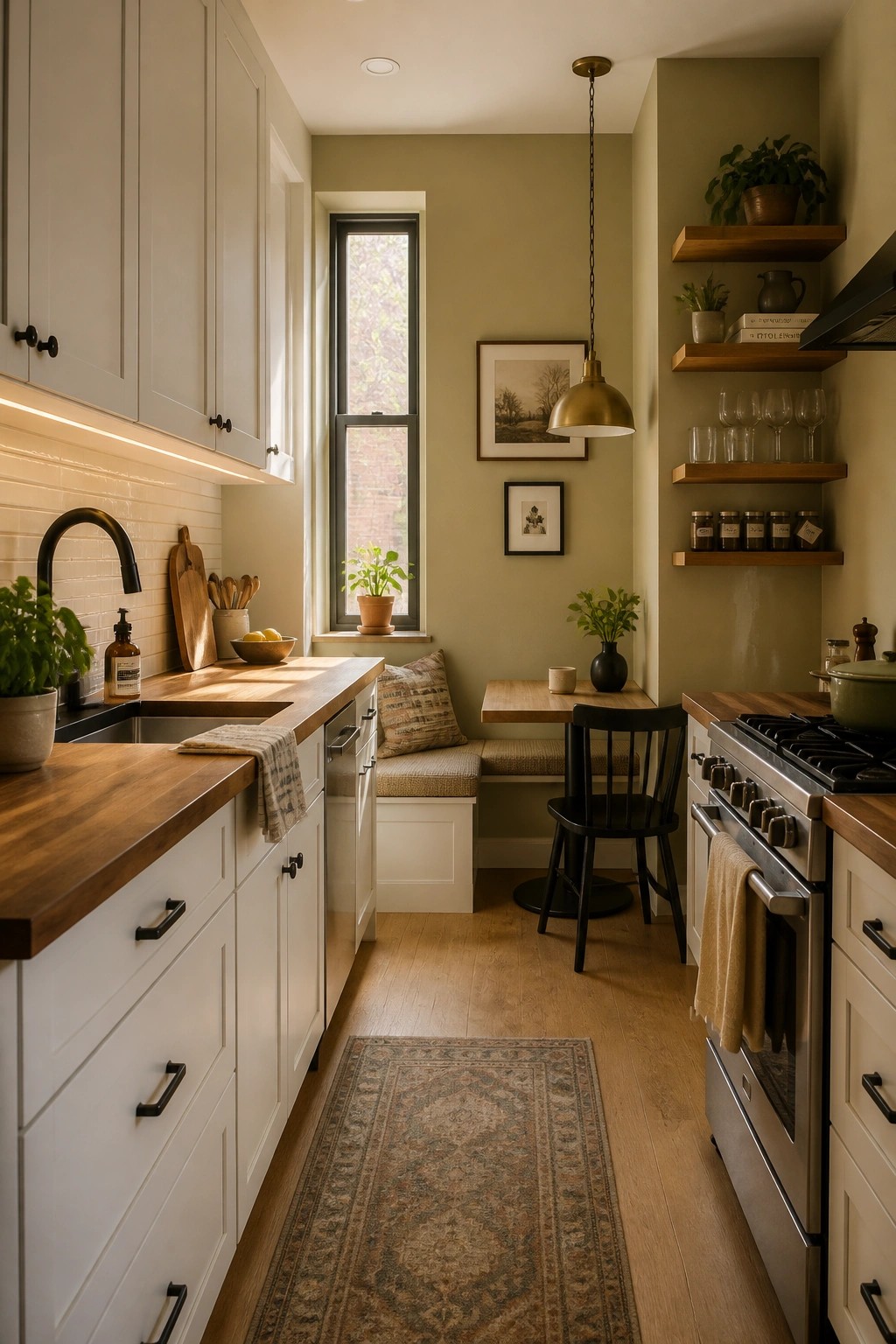 Kitchen walls painted in a soft sage green with white cabinets and wood counters.