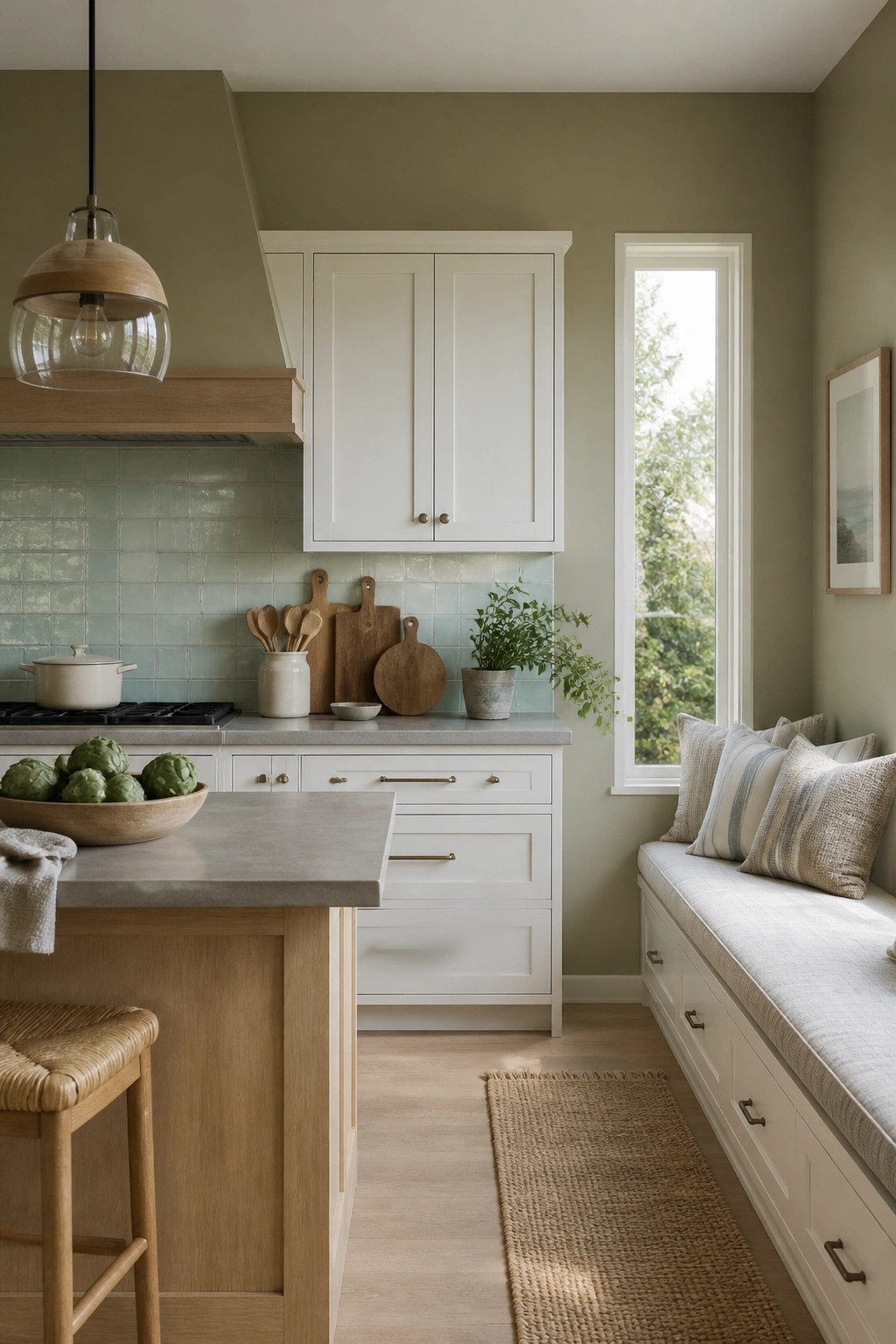 Kitchen walls painted in a soft sage green alongside white cabinets and wood tones.