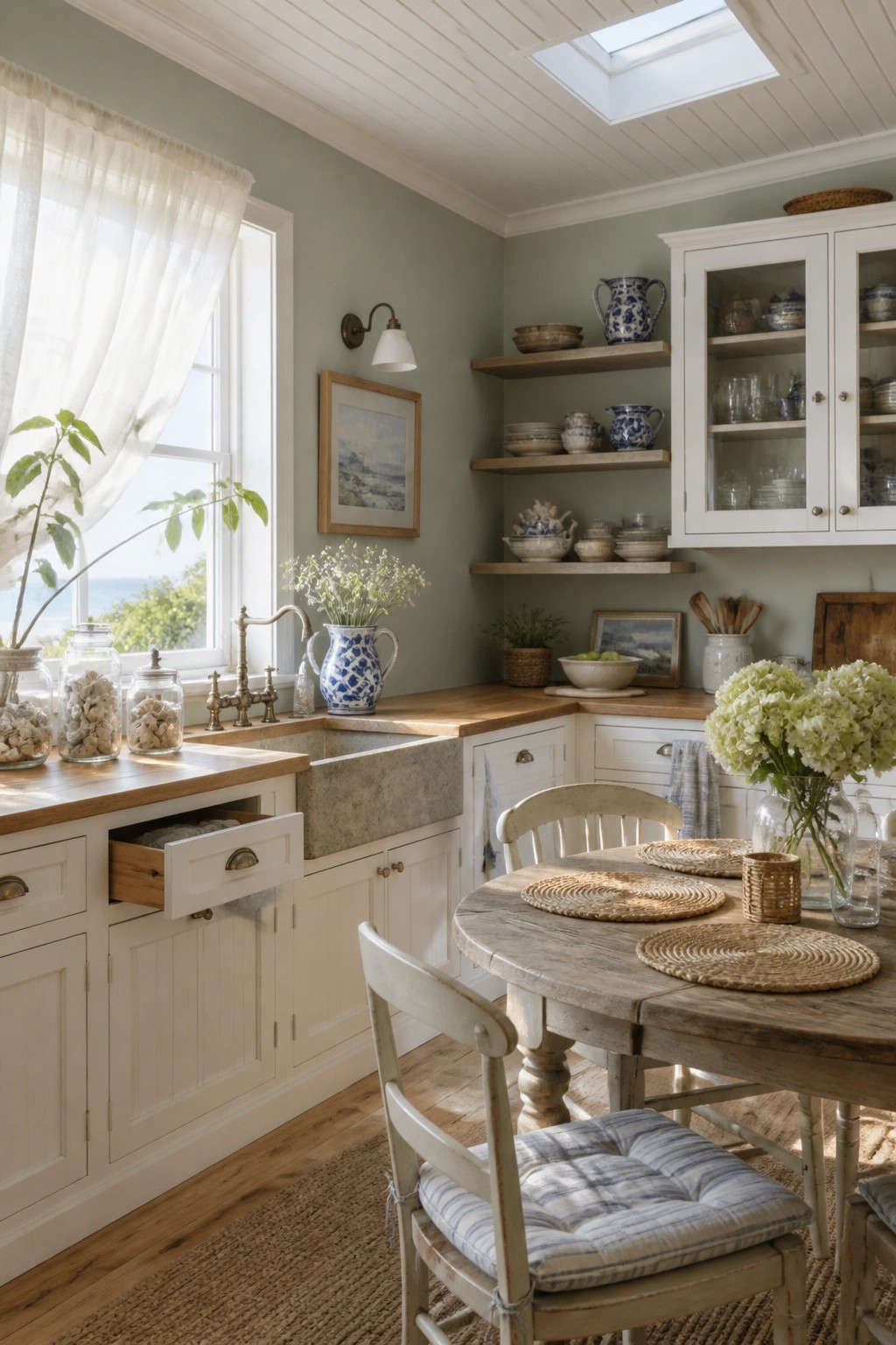 Kitchen walls painted a soft sage green beside white cabinets and wood countertops.