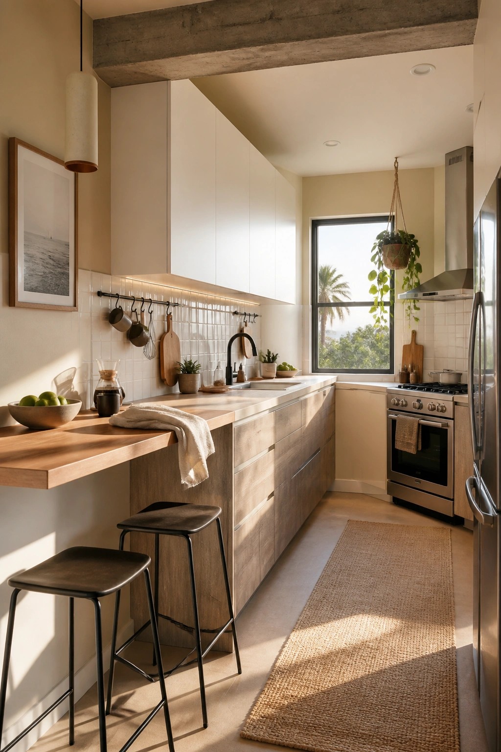 Warm beige walls in a kitchen with white cabinets and wood island.