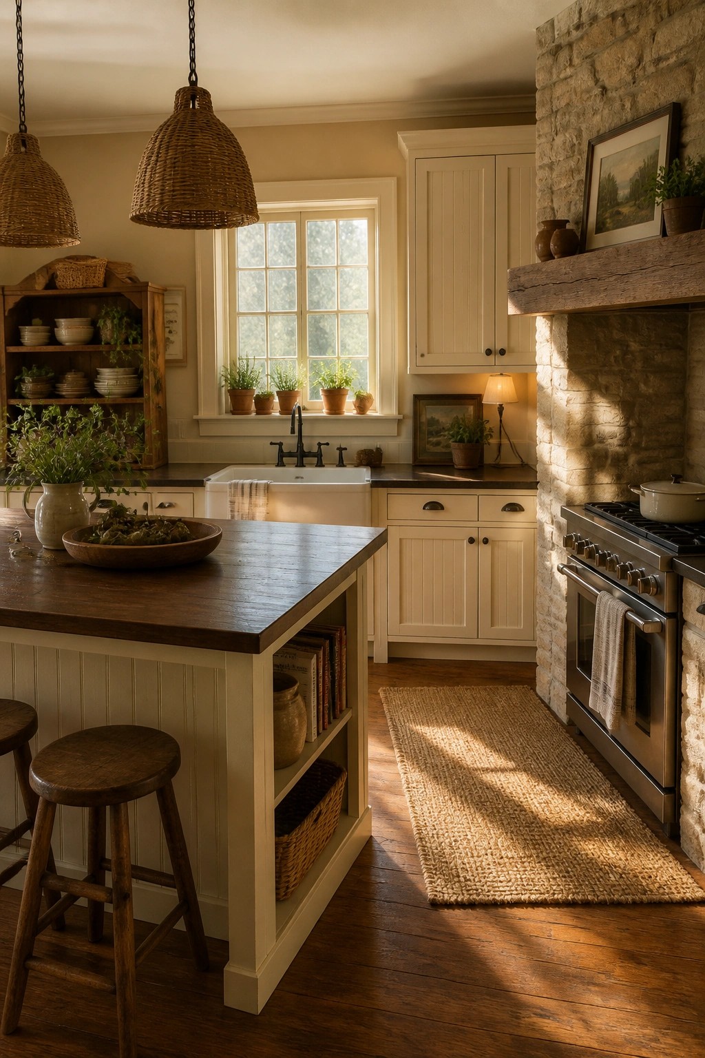 Kitchen walls painted in a soft warm beige with white cabinets and wood island.