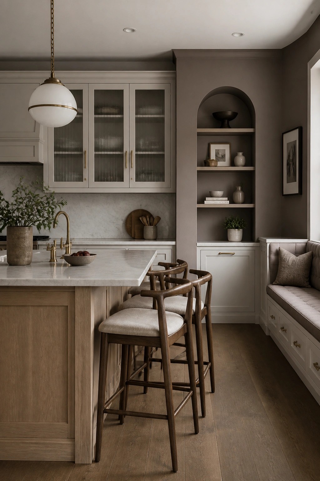 Kitchen interior with soft greige walls next to white cabinets and wood tones.