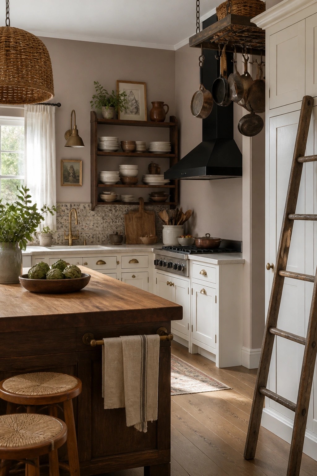 Kitchen walls painted in a light warm greige next to white cabinets and a wood island.
