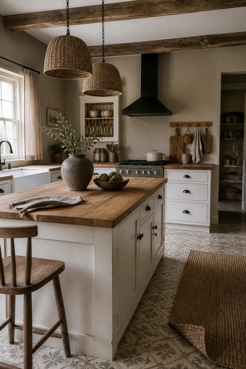 A kitchen with warm greige walls, white cabinets, and a wood island.