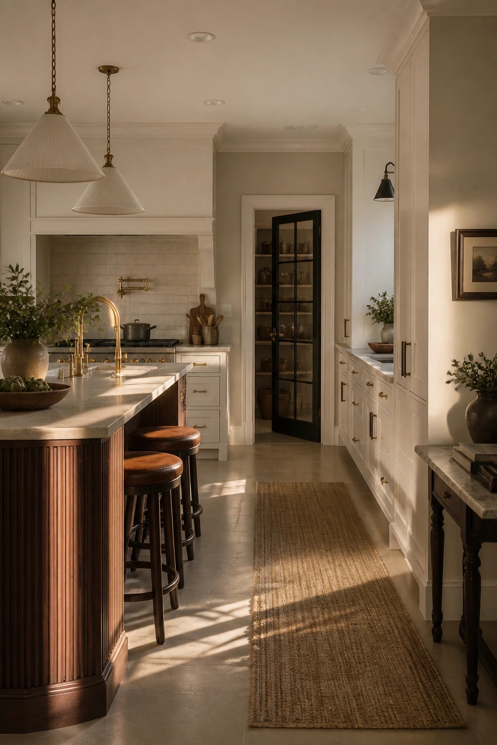 Kitchen walls in a soft warm greige with white cabinets and wood tones.