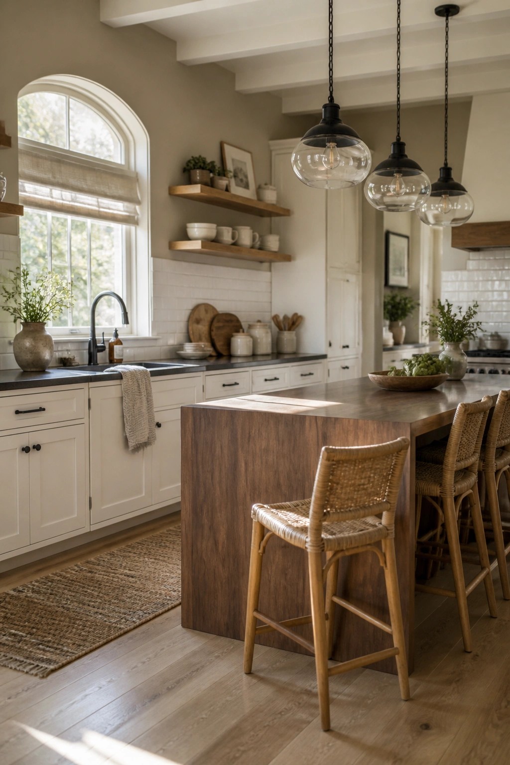 Kitchen walls painted in a soft warm greige next to white cabinets and a wood island.