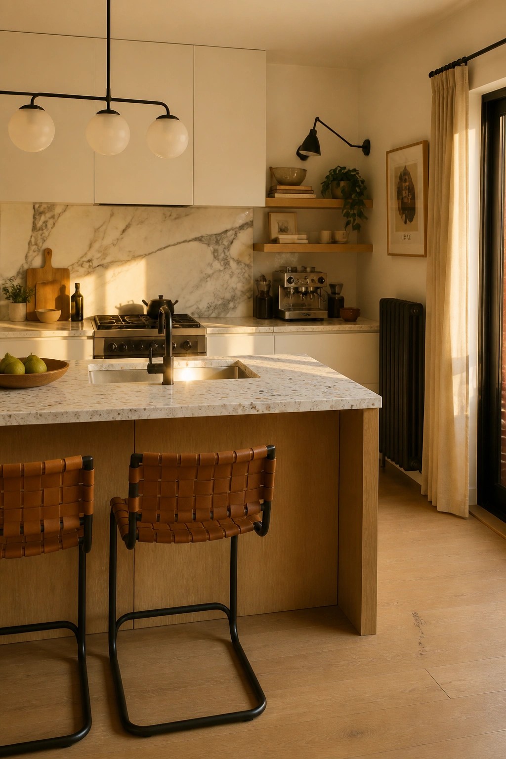 Modern kitchen with marble island, woven leather stools, and warm sunlight.