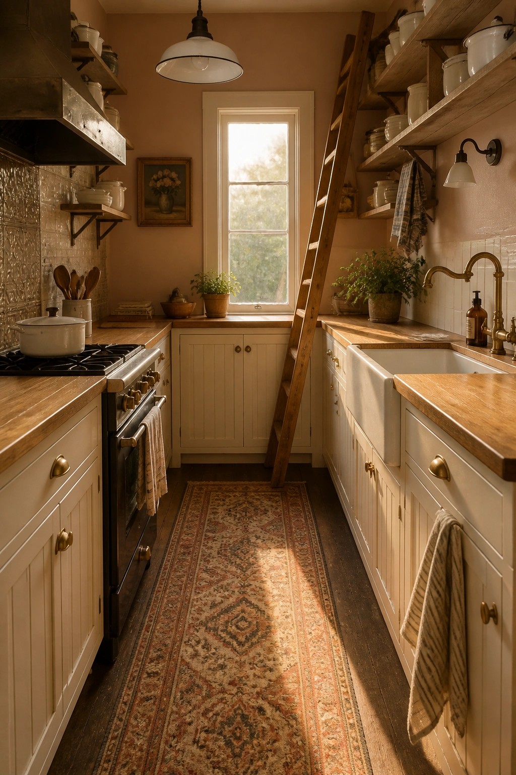 A kitchen with white cabinets and warm terracotta beige walls.