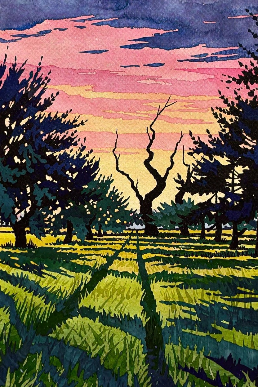 A watercolor landscape shows a pink and orange sunset sky over a green and yellow field with dark tree silhouettes and a central path.