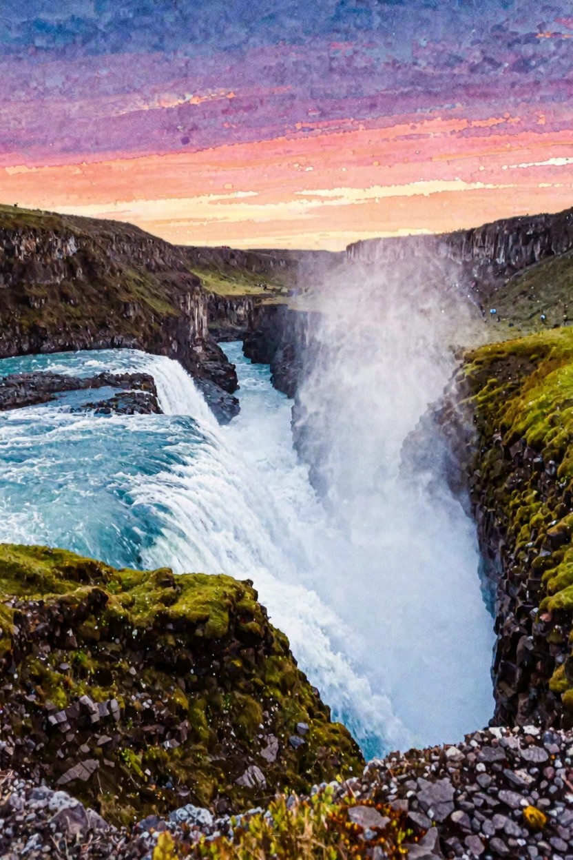 A painting of a large waterfall in a rocky canyon with a vibrant pink and orange sunset sky above.