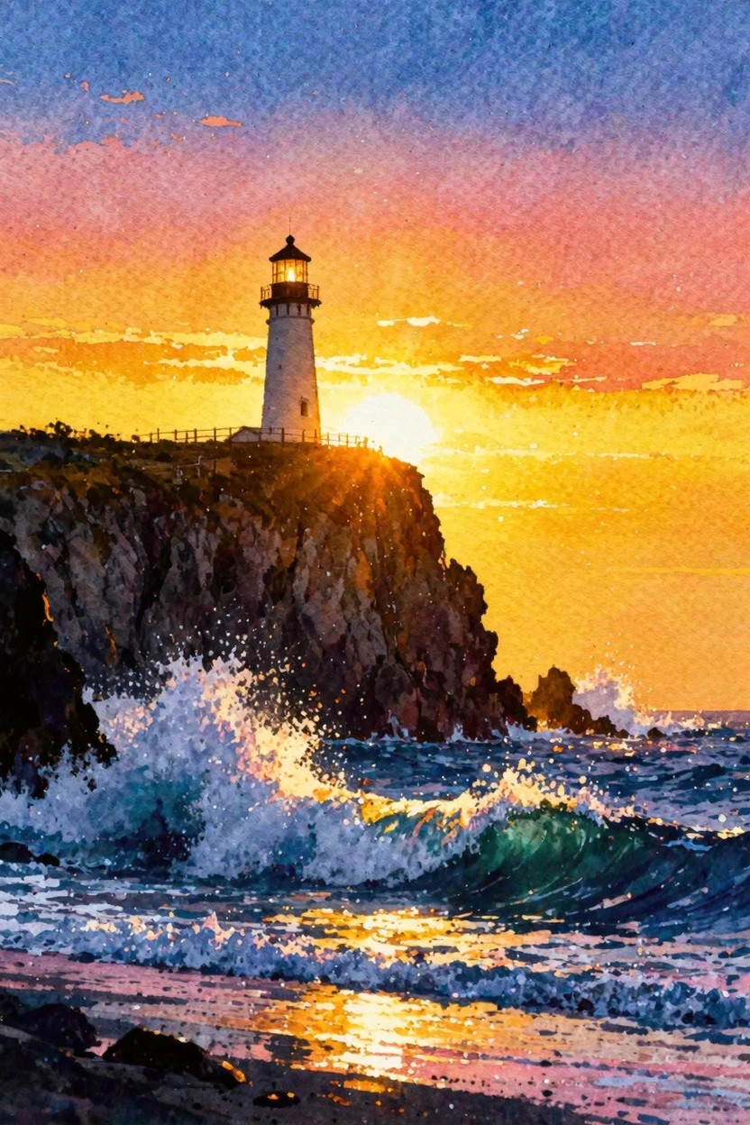 A watercolor painting of a white lighthouse on a rocky cliff at sunset with waves crashing below and a colorful sky.
