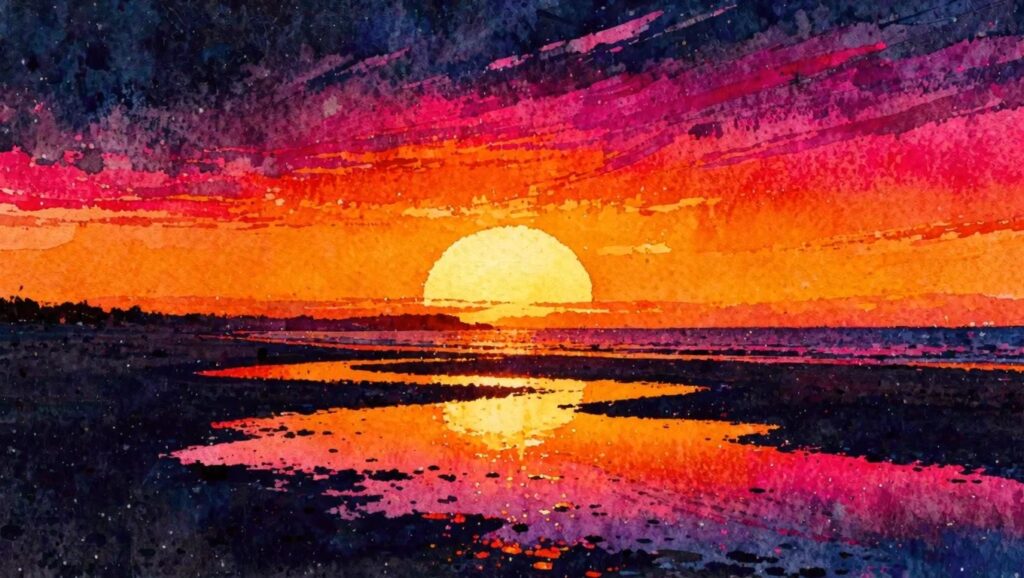 A painting of a bright yellow sun low on the horizon over water with horizontal bands of pink orange and purple in the sky and matching reflections on the dark foreground.