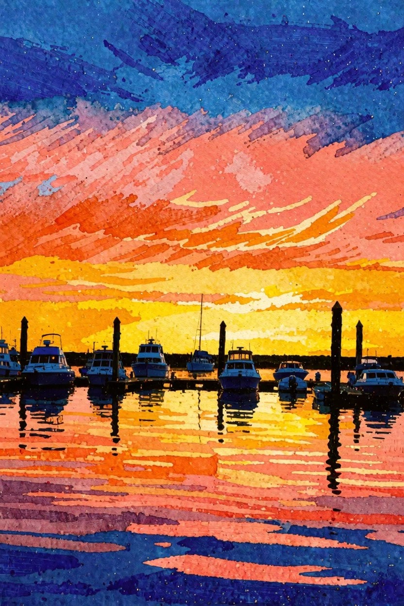 Watercolor marina at sunset with colorful sky reflecting on docked boats and water.
