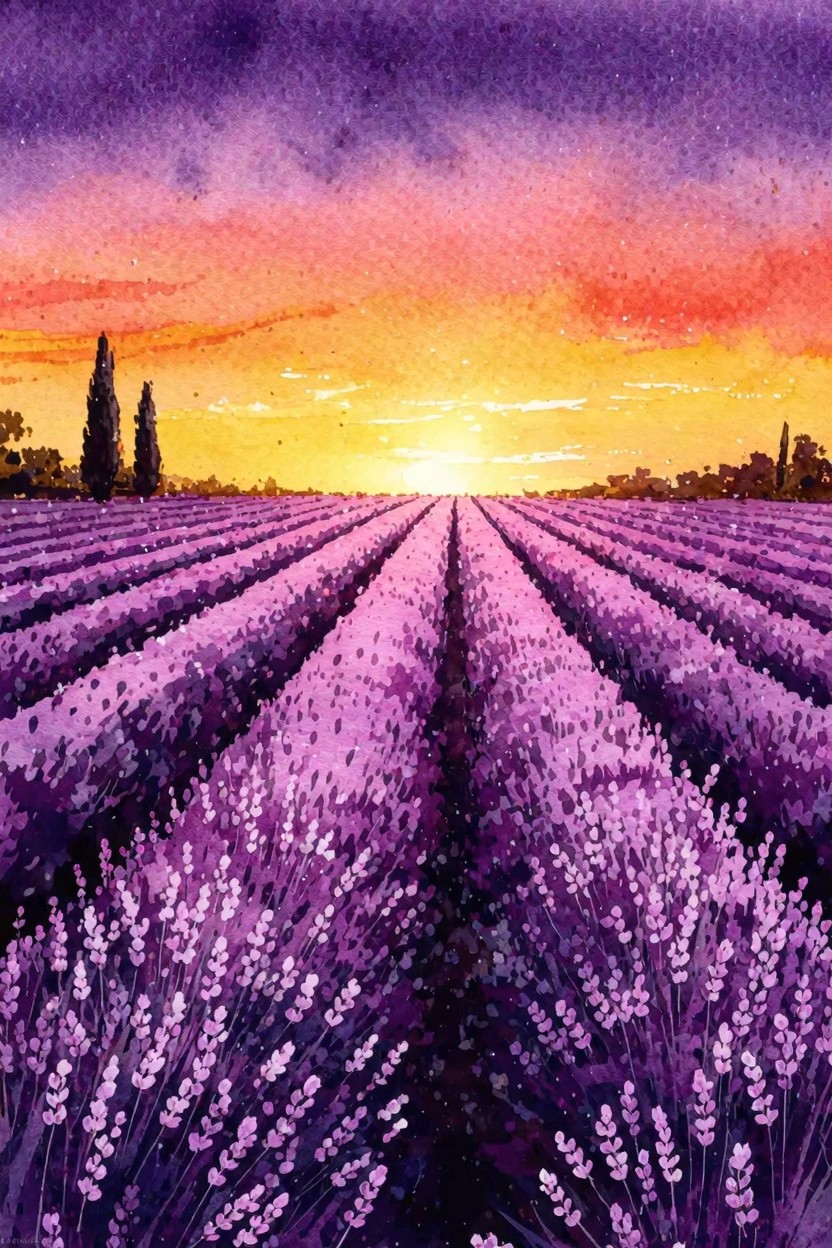 Watercolor lavender field rows at vibrant purple-orange sunset with cypress trees.