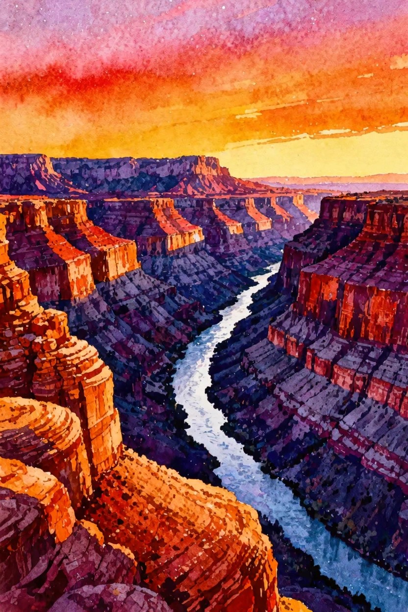 Watercolor painting of a canyon landscape at sunset with a winding river between layered cliffs under a colorful sky.