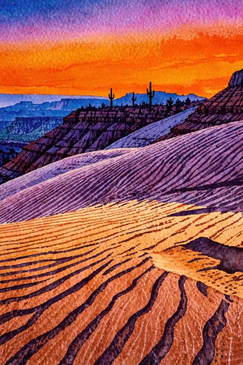 Watercolor painting of a desert sunset with orange-purple sky gradient over layered hills, cacti, and distant mesas.