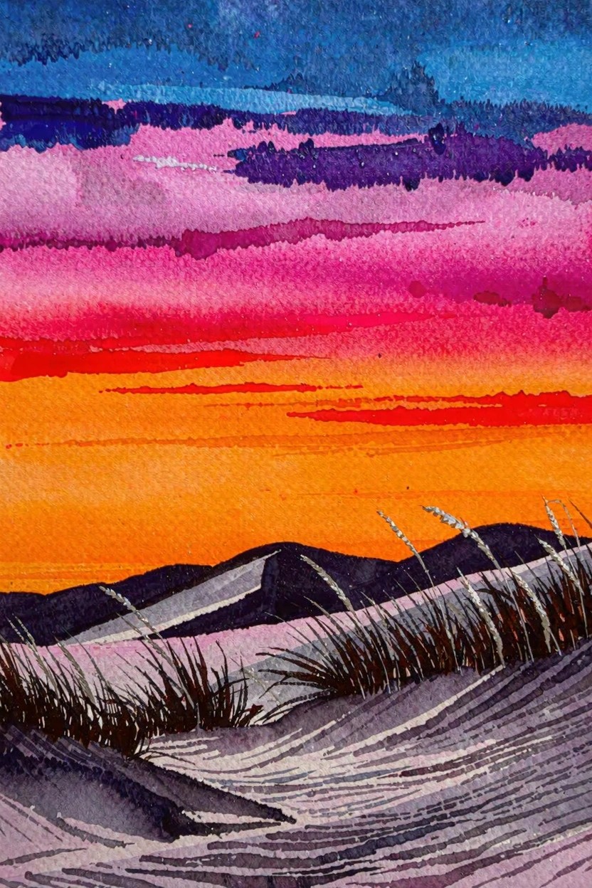 Vibrant watercolor sunset over silhouetted hills with grassy foreground dunes