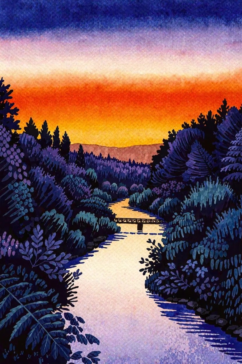 Watercolor sunset over winding river with bridge amid dense blue-purple forest foliage.