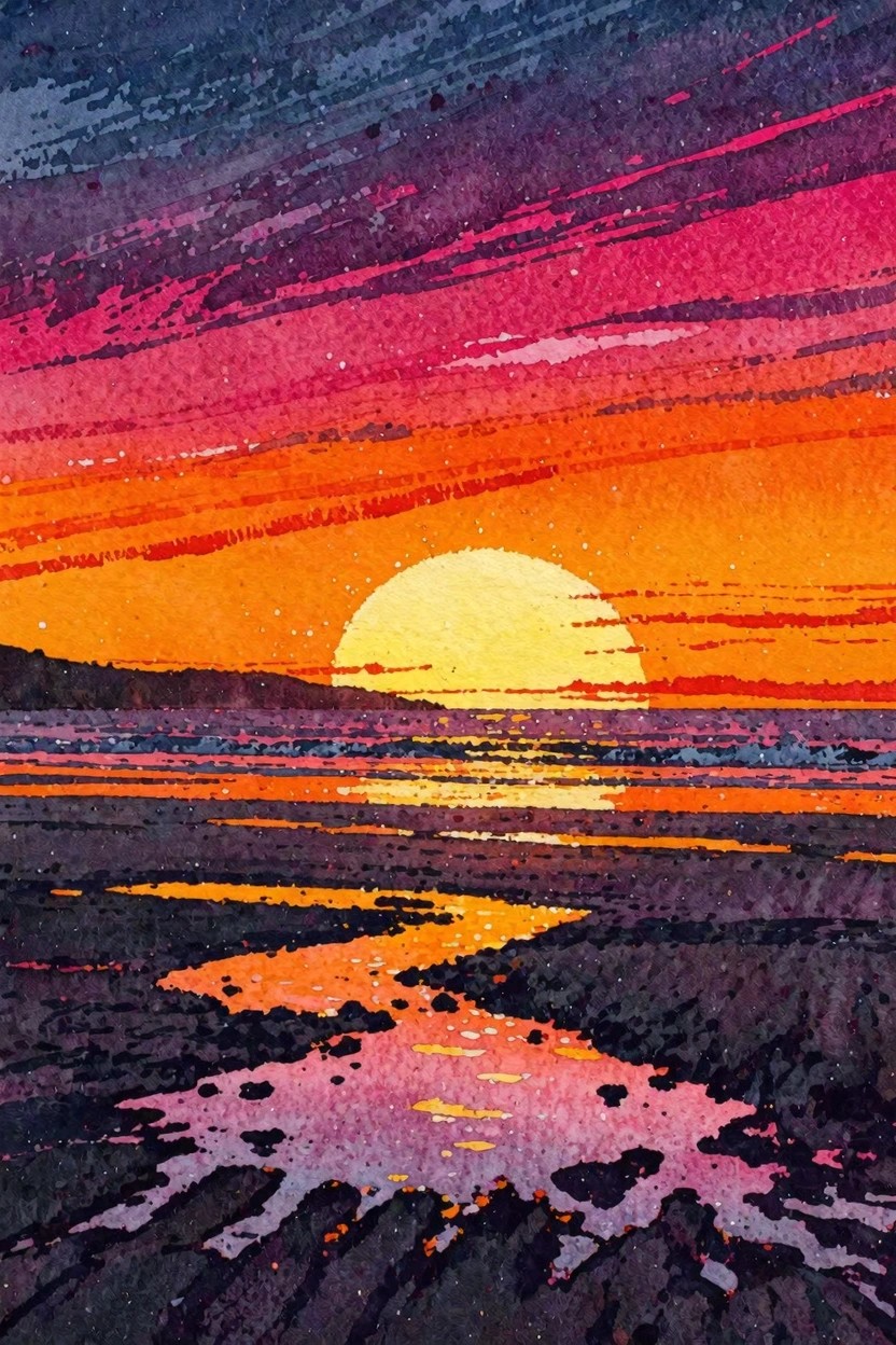 A painting of a bright yellow sun low on the horizon over water with horizontal bands of pink orange and purple in the sky and matching reflections on the dark foreground.