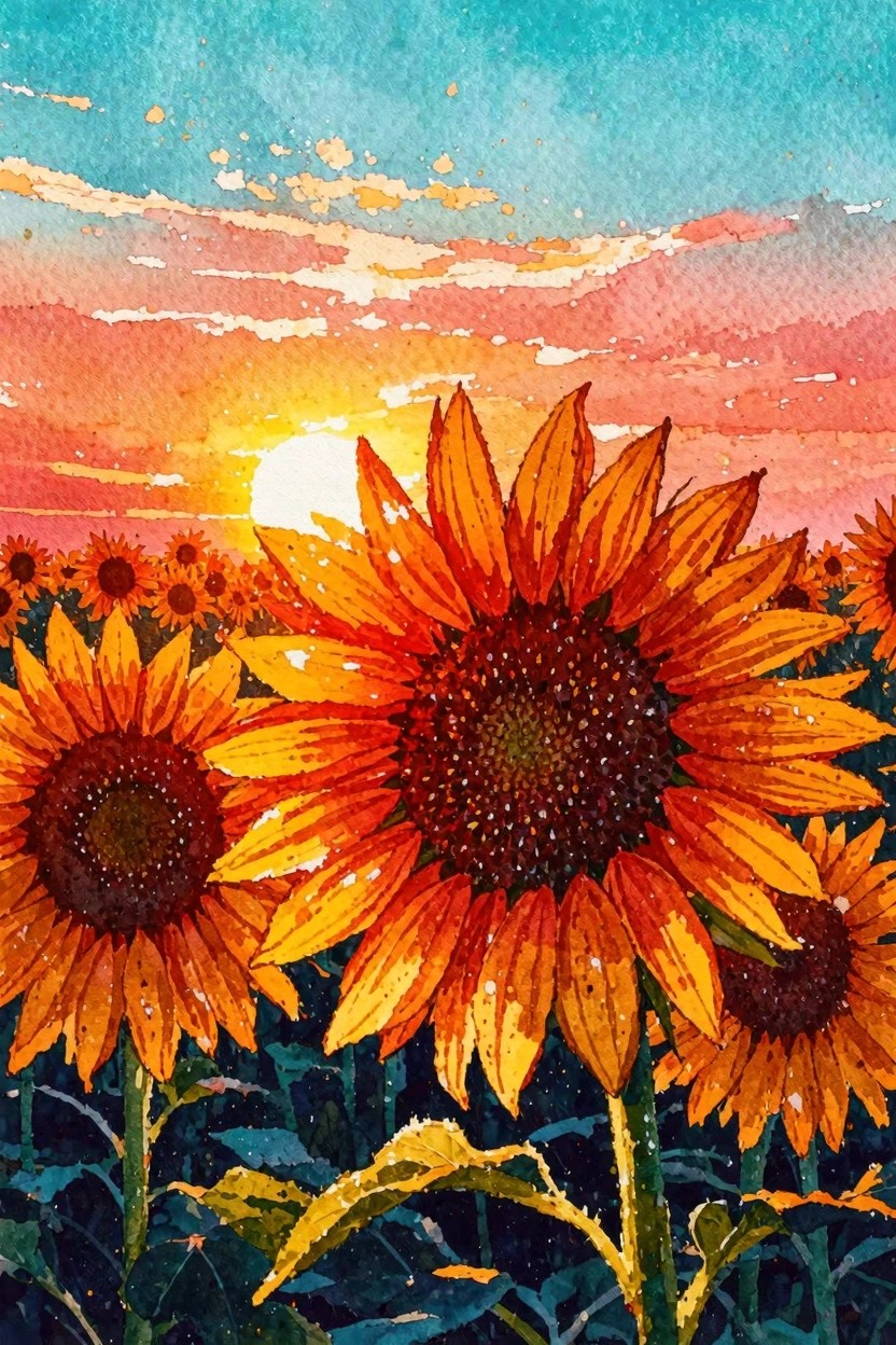 Watercolor painting of several large sunflowers in front of a colorful sunset sky with the sun near the horizon.