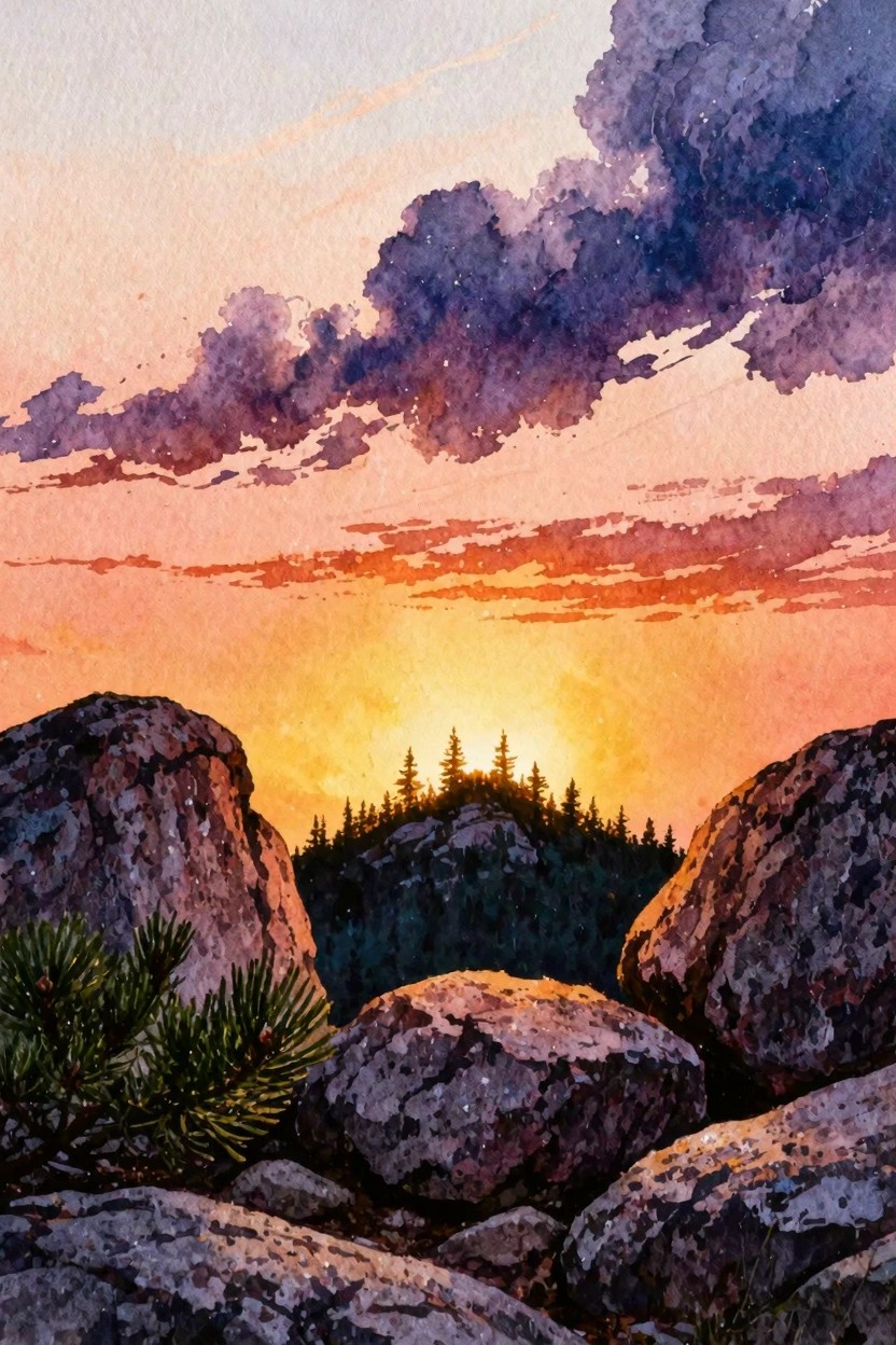 Watercolor sunset with orange sky, purple clouds, boulders, and silhouetted pine trees