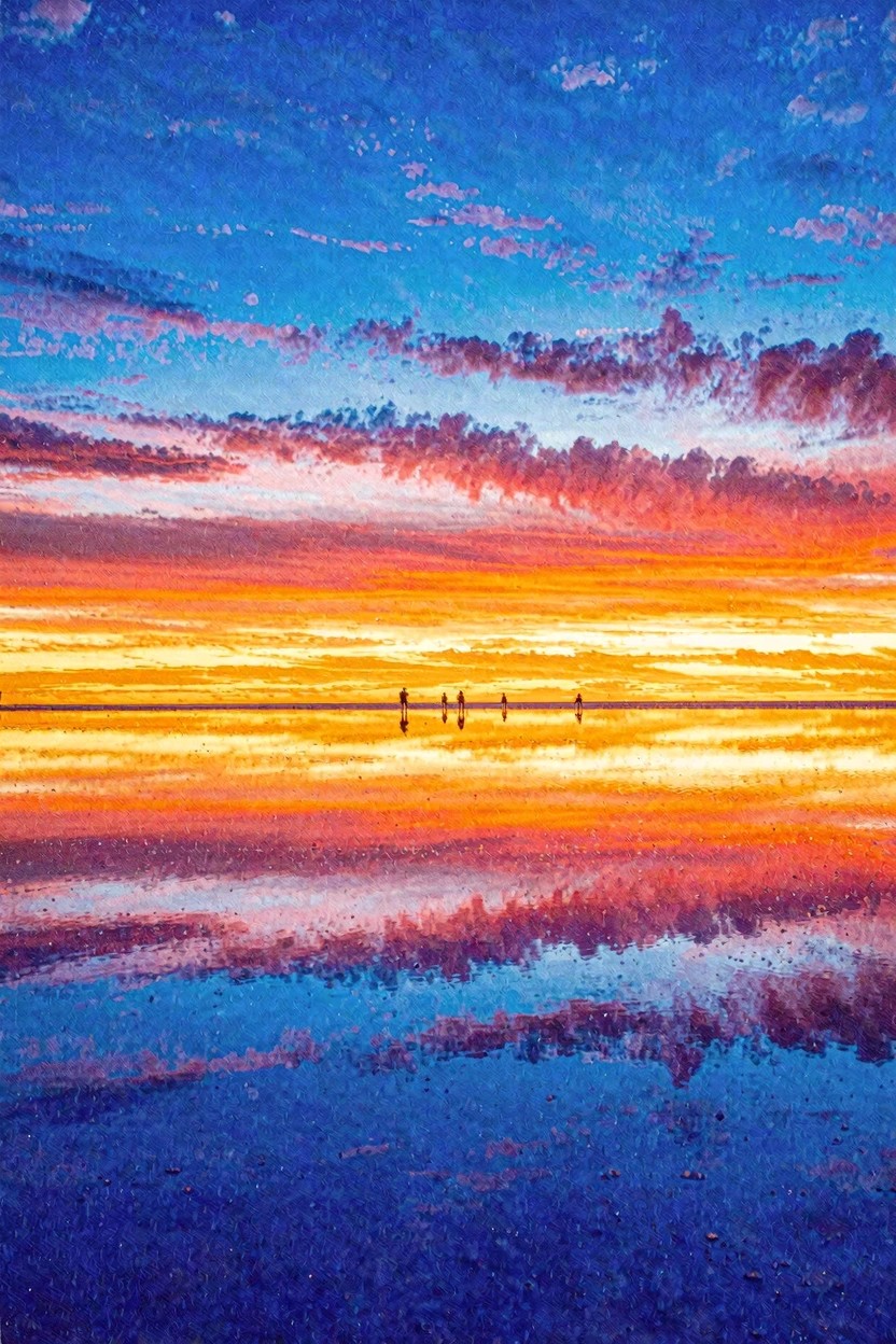 A painting of a sunset sky with horizontal bands of blue, purple, orange, and yellow over calm water, with small silhouetted figures on the horizon line and their reflections below.