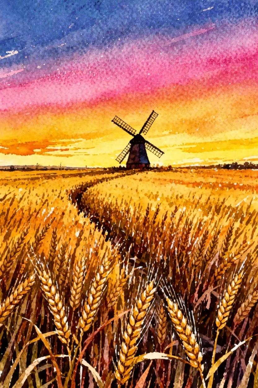 Golden wheat field with windmill under vibrant pink-orange sunset sky in watercolor
