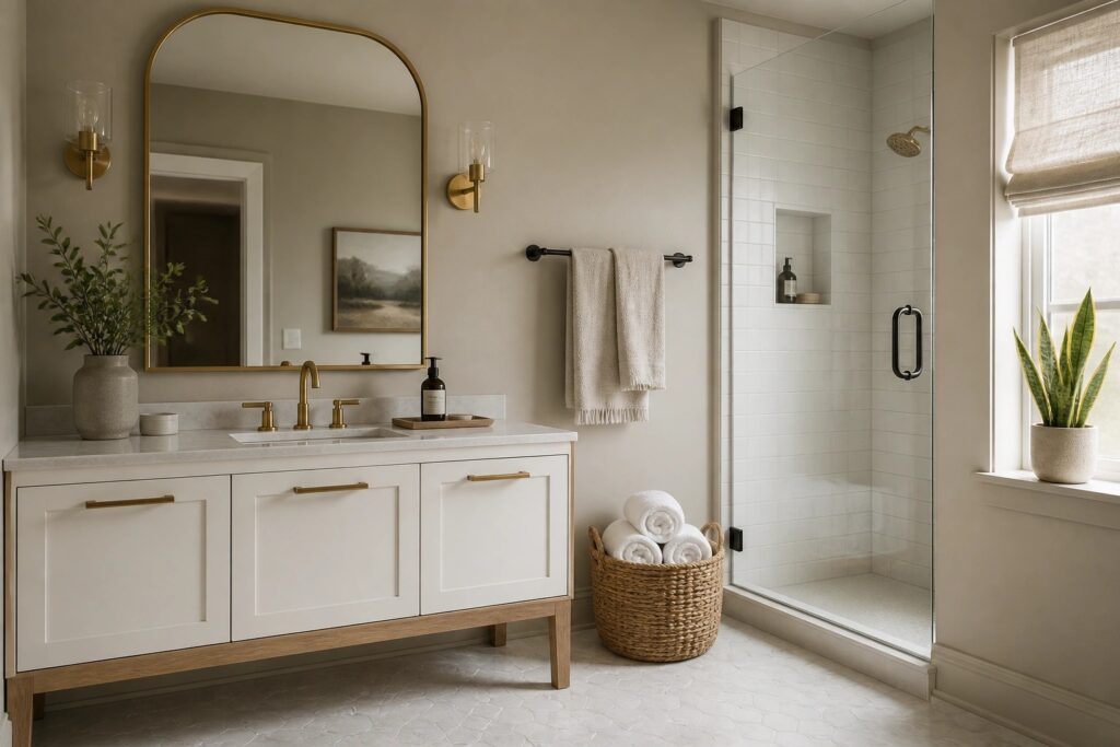 20 Inviting Warm Bathroom Paint Colors That Add Comfort Without Feeling Dark A bathroom with warm beige walls and a white vanity.
