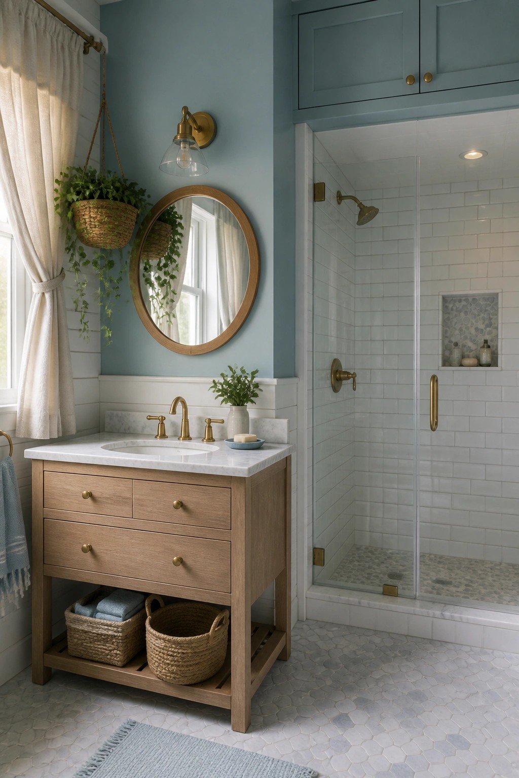 A bathroom with soft blue gray walls and a light wood vanity.