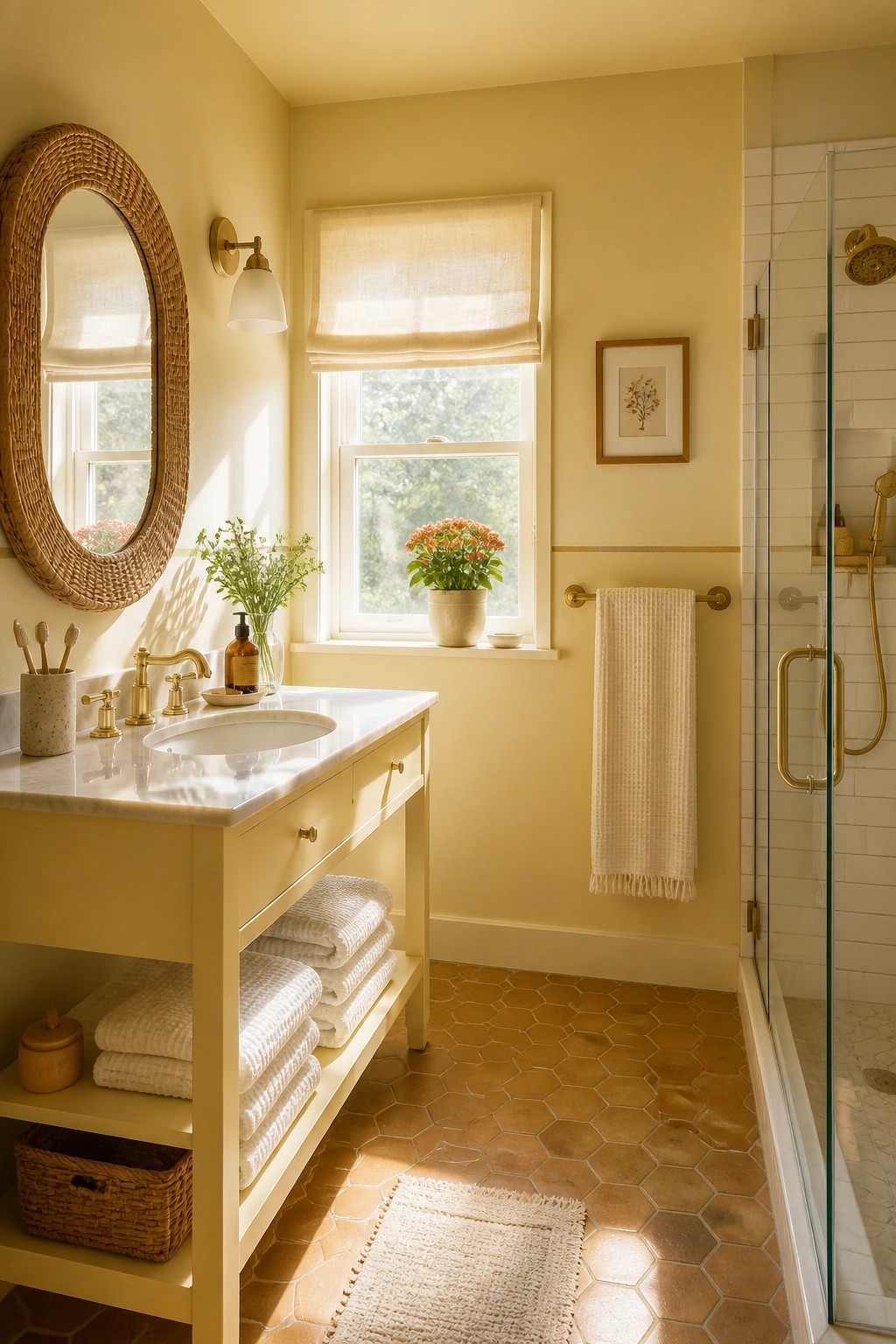 Bathroom walls painted a soft buttery yellow with white trim and a window.