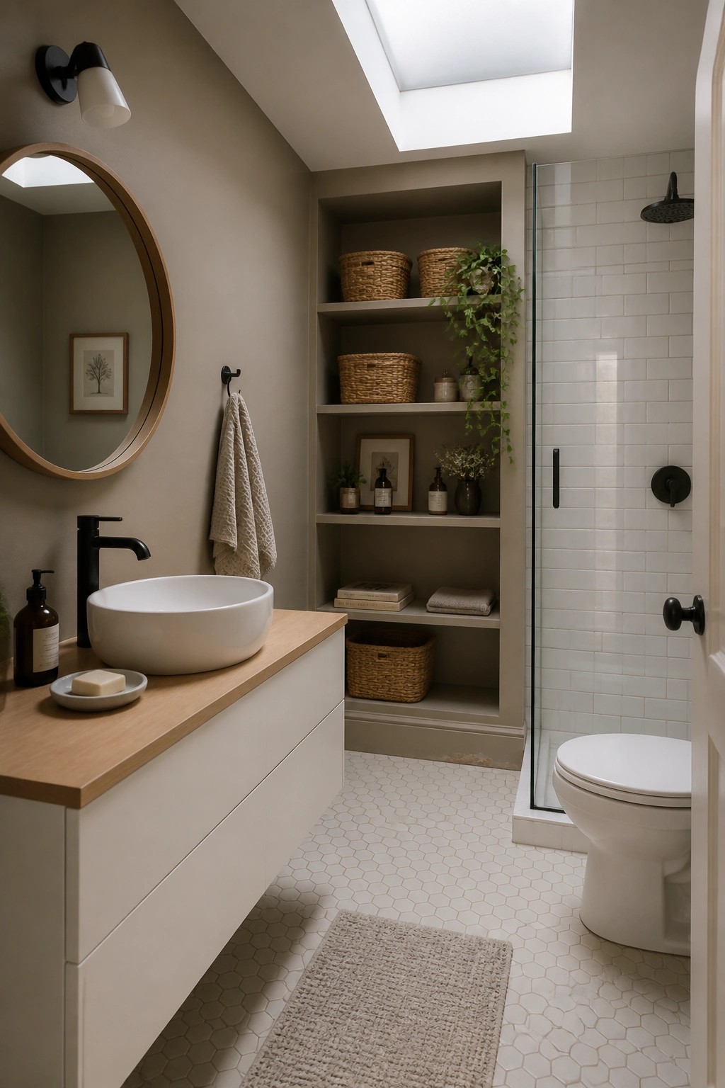 A bathroom with warm greige walls and open shelving.