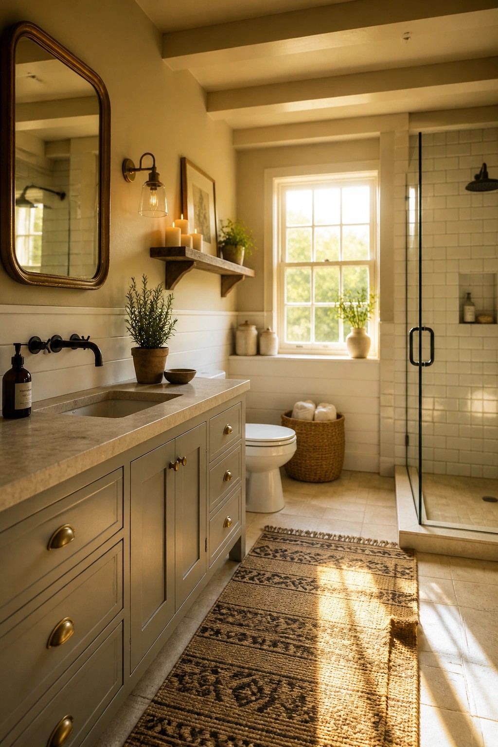 Sunlit bathroom with gray vanity, marble sink, woven rug, and glass shower.